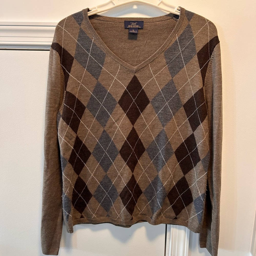 Brooks Brothers‎ 346 Argyle V-Neck Sweater Men XL Merino Wool Tan Brown Pullover